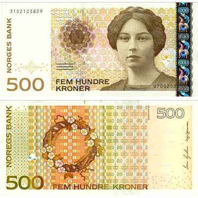 取法乎上。這是2006年發行的挪威克朗500元紙鈔，正面是該國榮獲諾貝爾文學獎的小說家西格麗德·溫塞特，反面是彰顯她得獎的作品之一《花冠》。