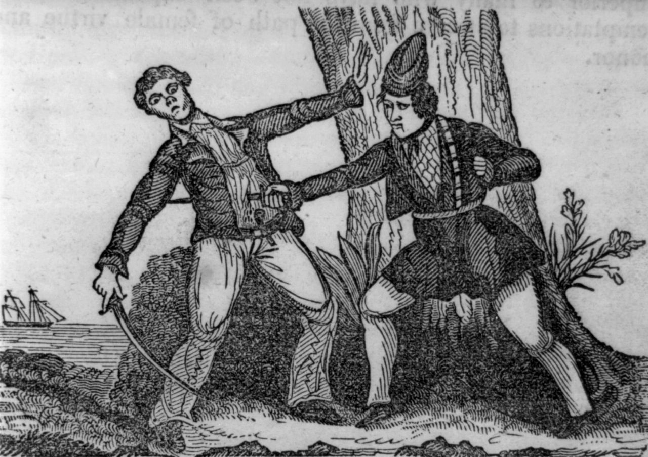 里德殺死對手的插畫，繪於1842年。