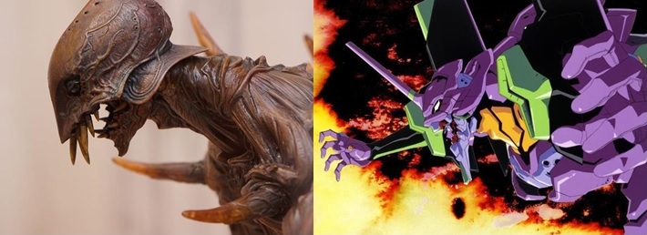 左：庵野秀明在吉卜力工作時為《風之谷》所設計的巨神兵。右：《新世紀福音戰士》中的巨大人型兵器初號機。