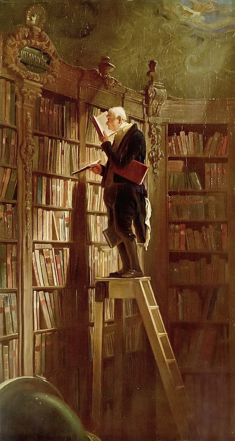 藏書家仔細地檢查他的收藏。Carl Spitzweg繪於1850年。