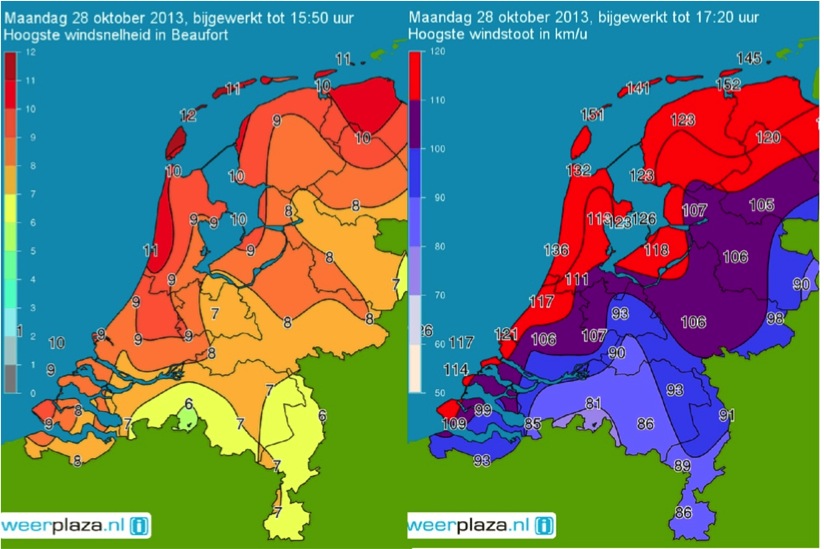 2013年10月28日，荷蘭暴風風速示意圖。左圖為各地的最大陣風級數；右圖為各地最高陣風速
