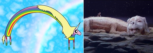 左為《探險活寶》的彩虹姐姐，右為《說不完的故事》裡的祥龍福哥